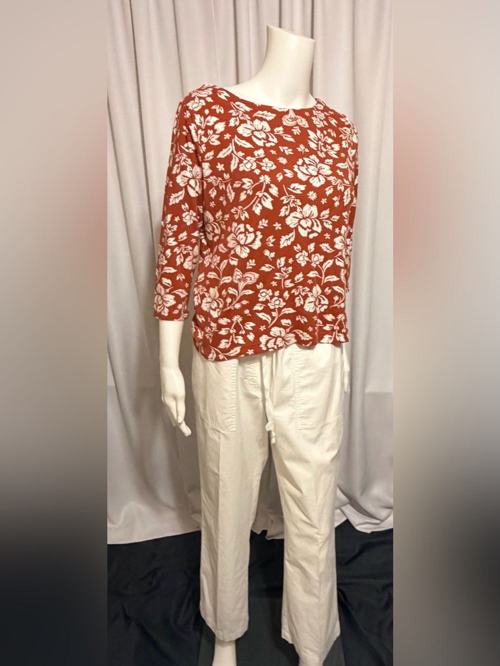 Croft & Barrow Floral Boat Neck Top Terracotta Rust White 3/4 Sleeve Petite SM